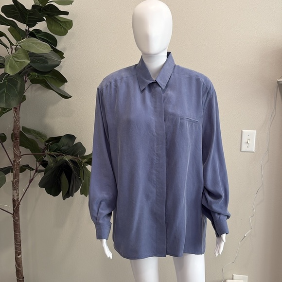 2567 100% Silk Long Sleeve Hidden Button Down Shirt Womens Size 12 Dusty Blue - Picture 12 of 12